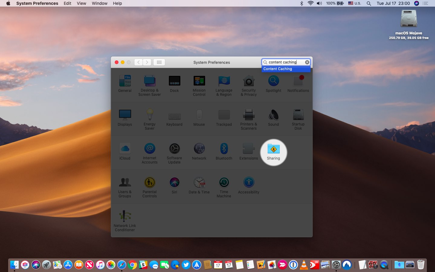 System Preferences on macOS Mohave with the Sharing icon highlighted