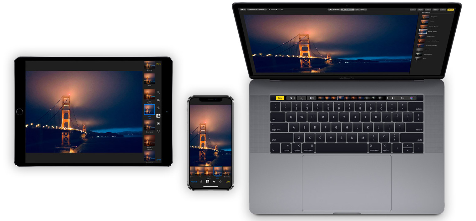 The Photos app banner showing it running on an iPad Pro, iPhone X and MacBook Pro