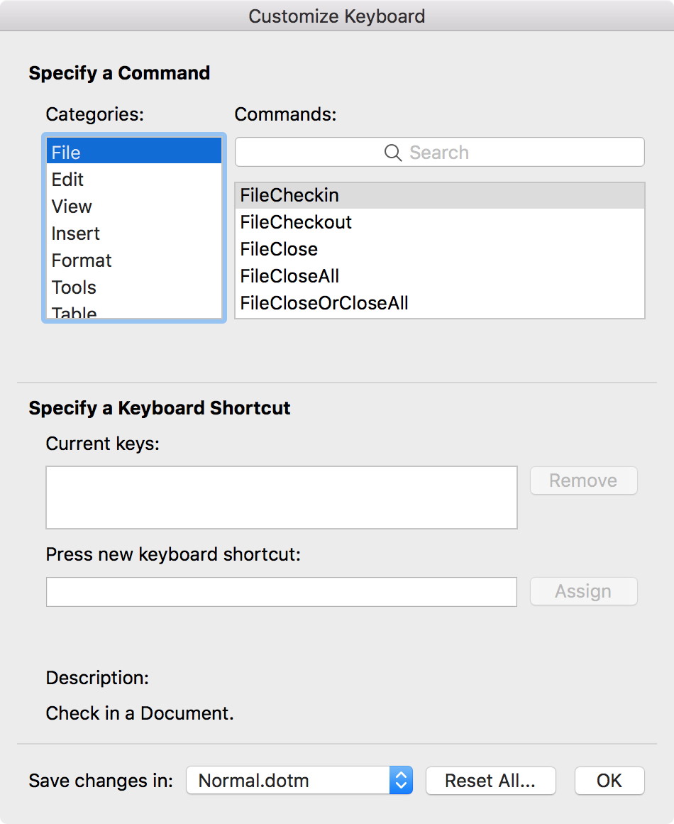 MS Word Customize Keyboard Window