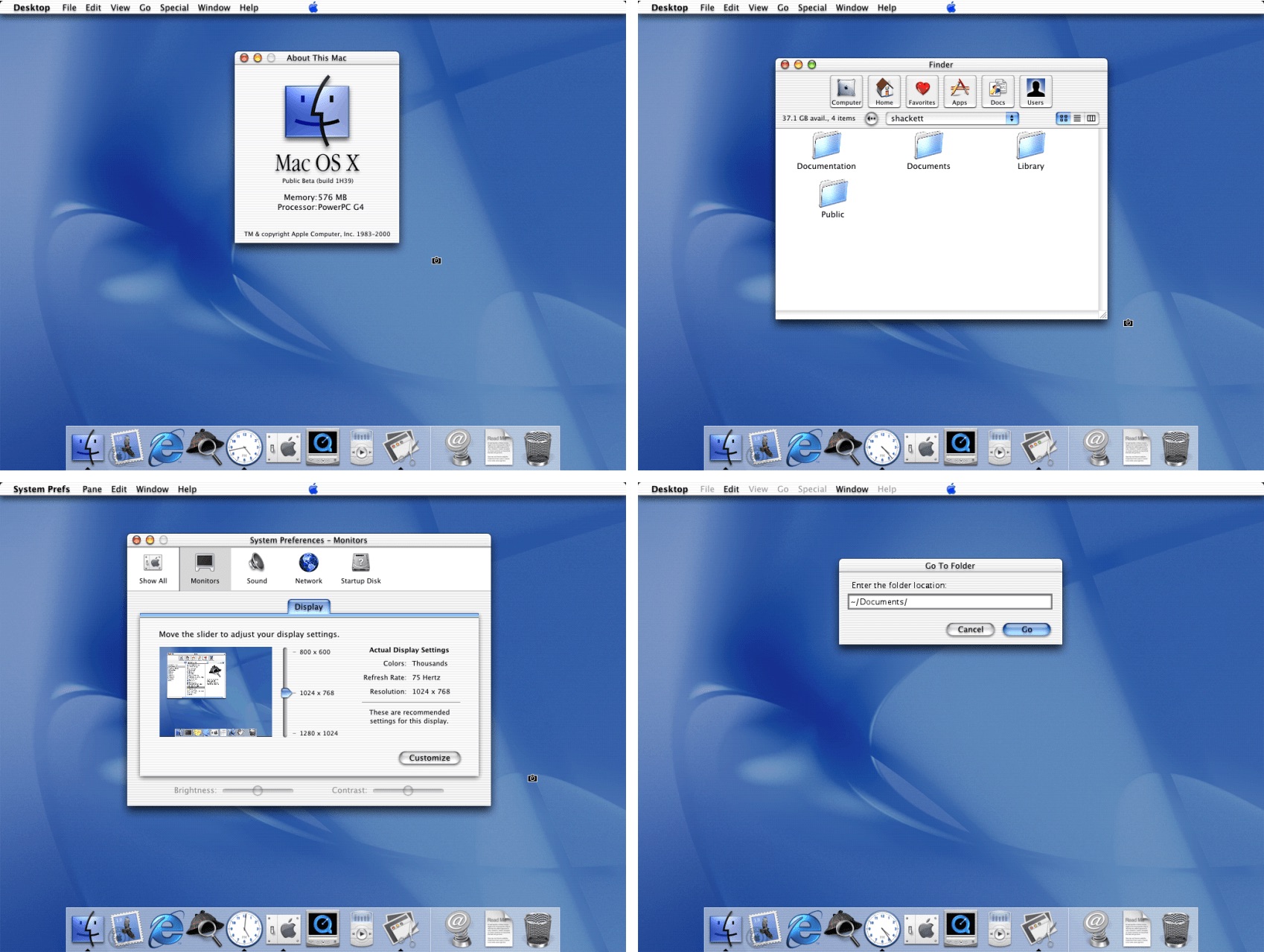 Four screenshots showing off the Aqua user interface in the first public beta of Mac OS X released back in 2000