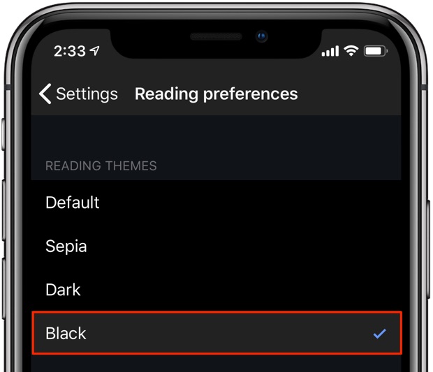 Wikipedia Dark Mode black theme settings reading themes black selected iPhone