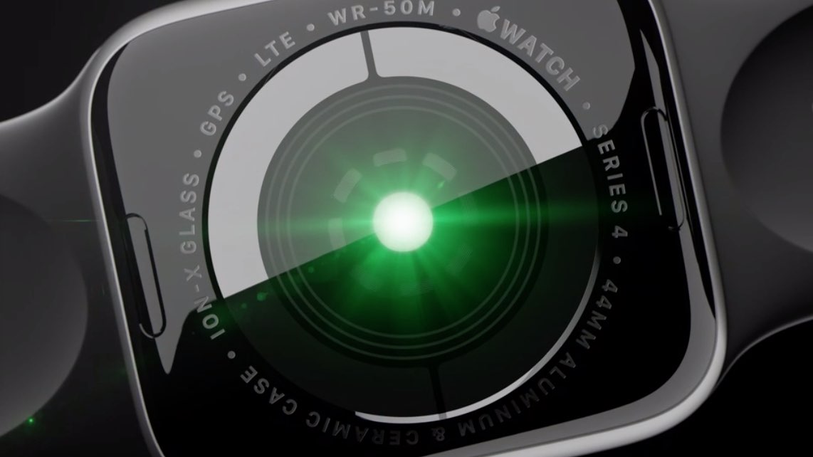 A still from Apple's ad showing the back crystal on the Apple Watch along with the optical heart rate sensor