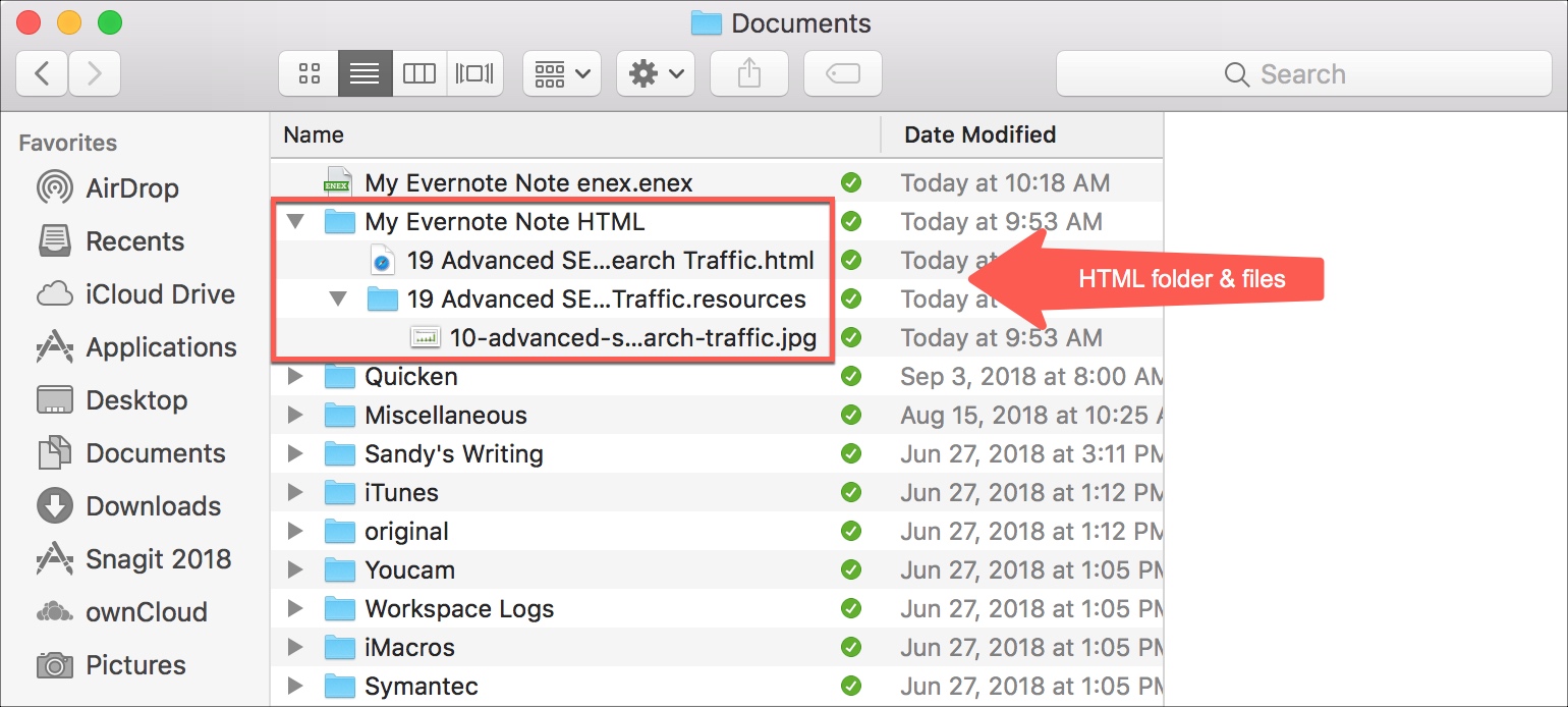 Evernote HTML folder and files