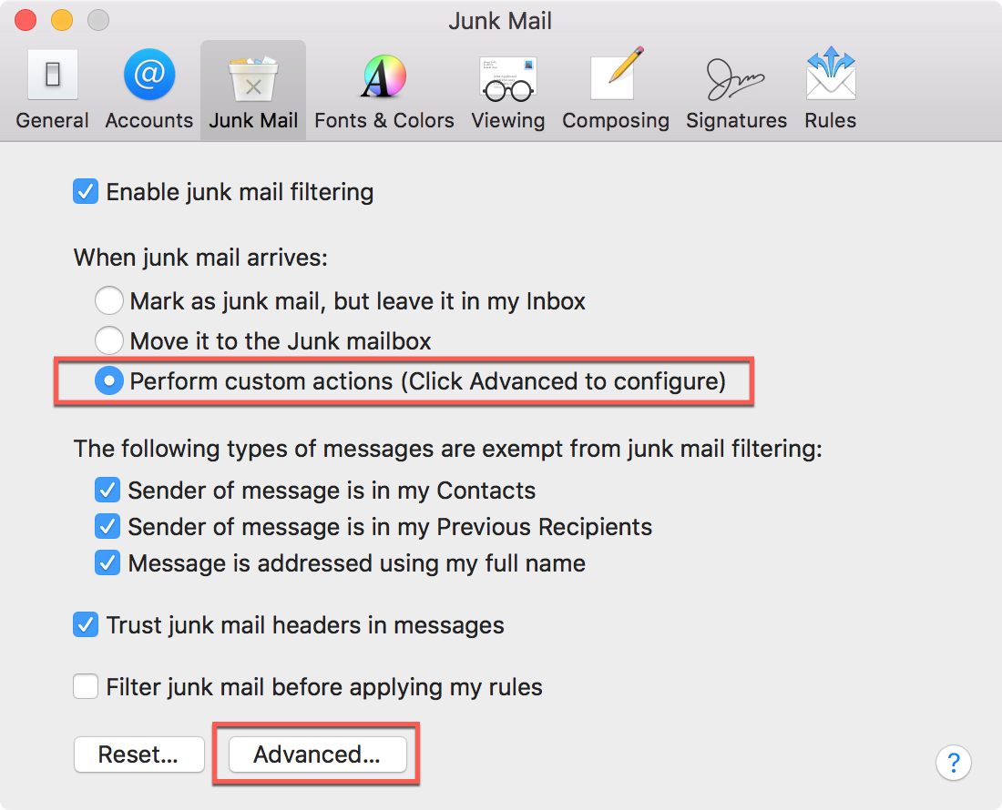 Junk Mail Enable Filtering Advanced Mac