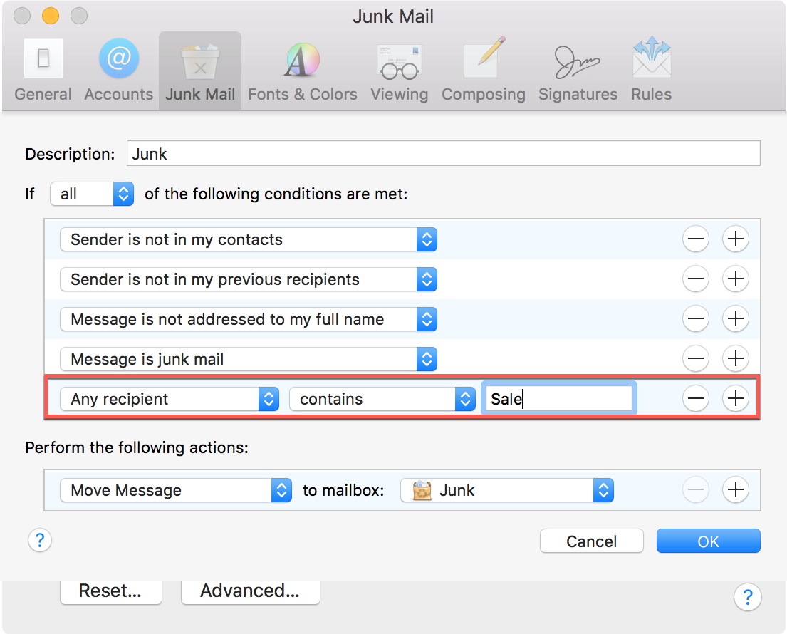 Junk Mail Enable Filtering Conditions Mac