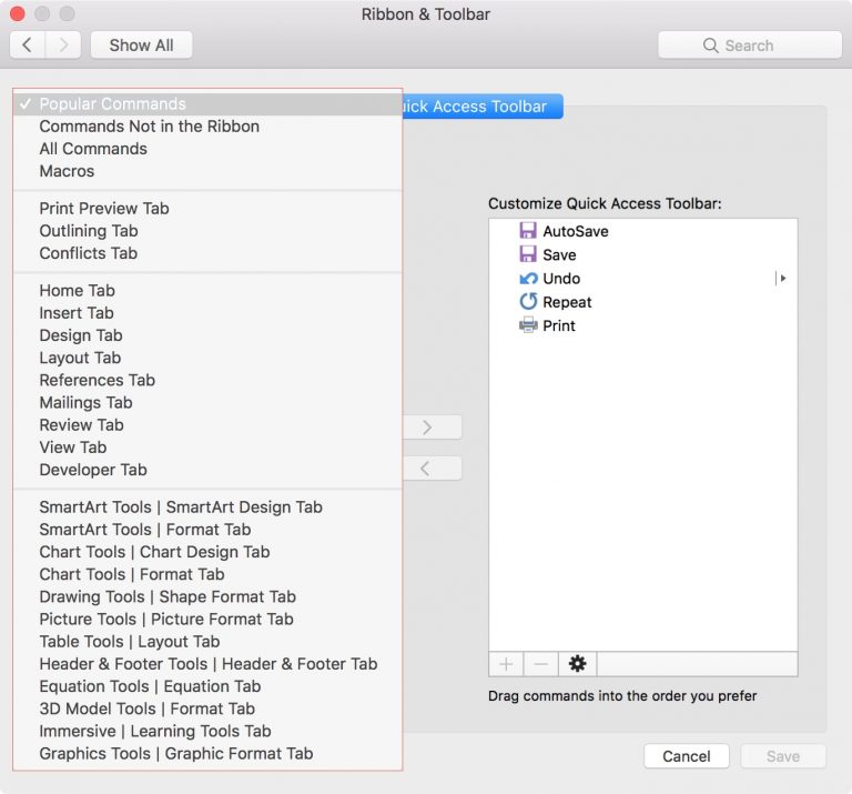 How to customize the Quick Access Toolbar in Word and Excel on Mac