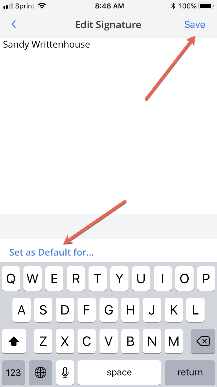 Spark Signatures iPhone Save and Select Default
