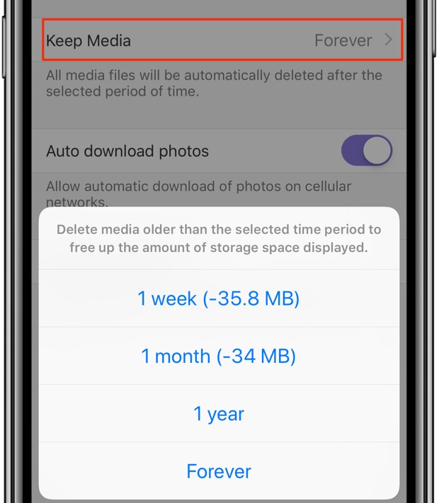 Viber's storage settings