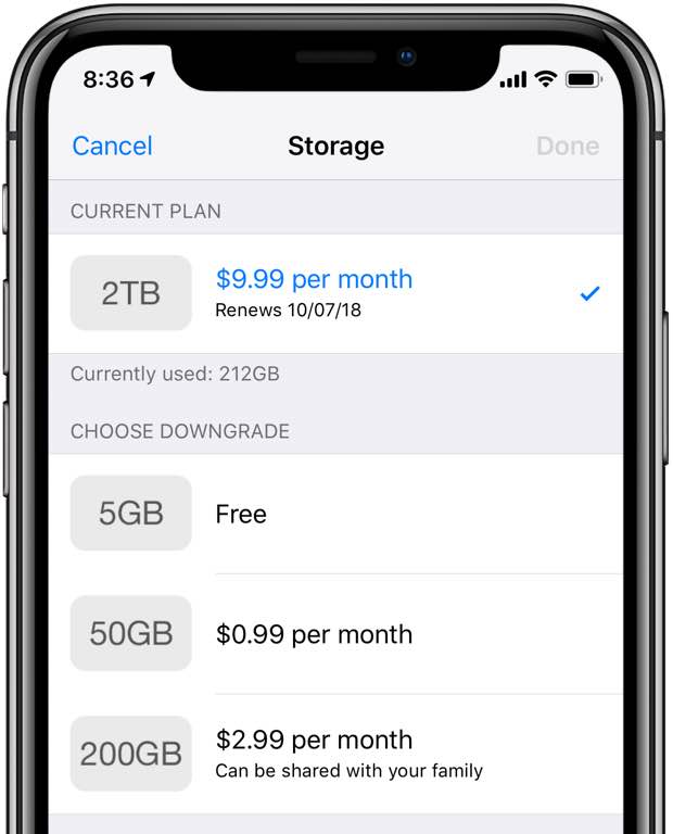 An iPhone screenshot showing iCloud storage tiers and pricing 