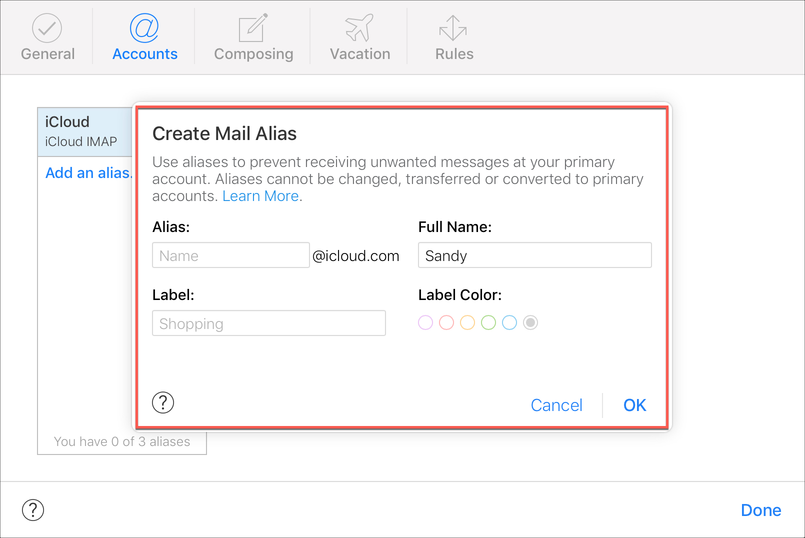Create icloud email alias