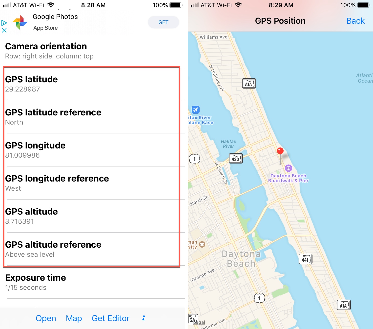 Exif Viewer GPS coordinates iPhone