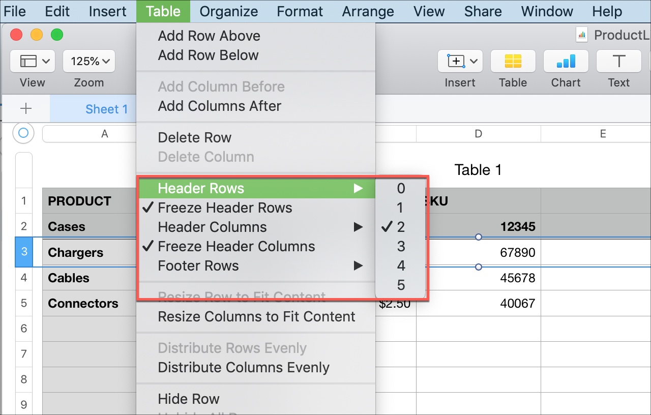 Freeze Columns and Rows in Numbers on Mac