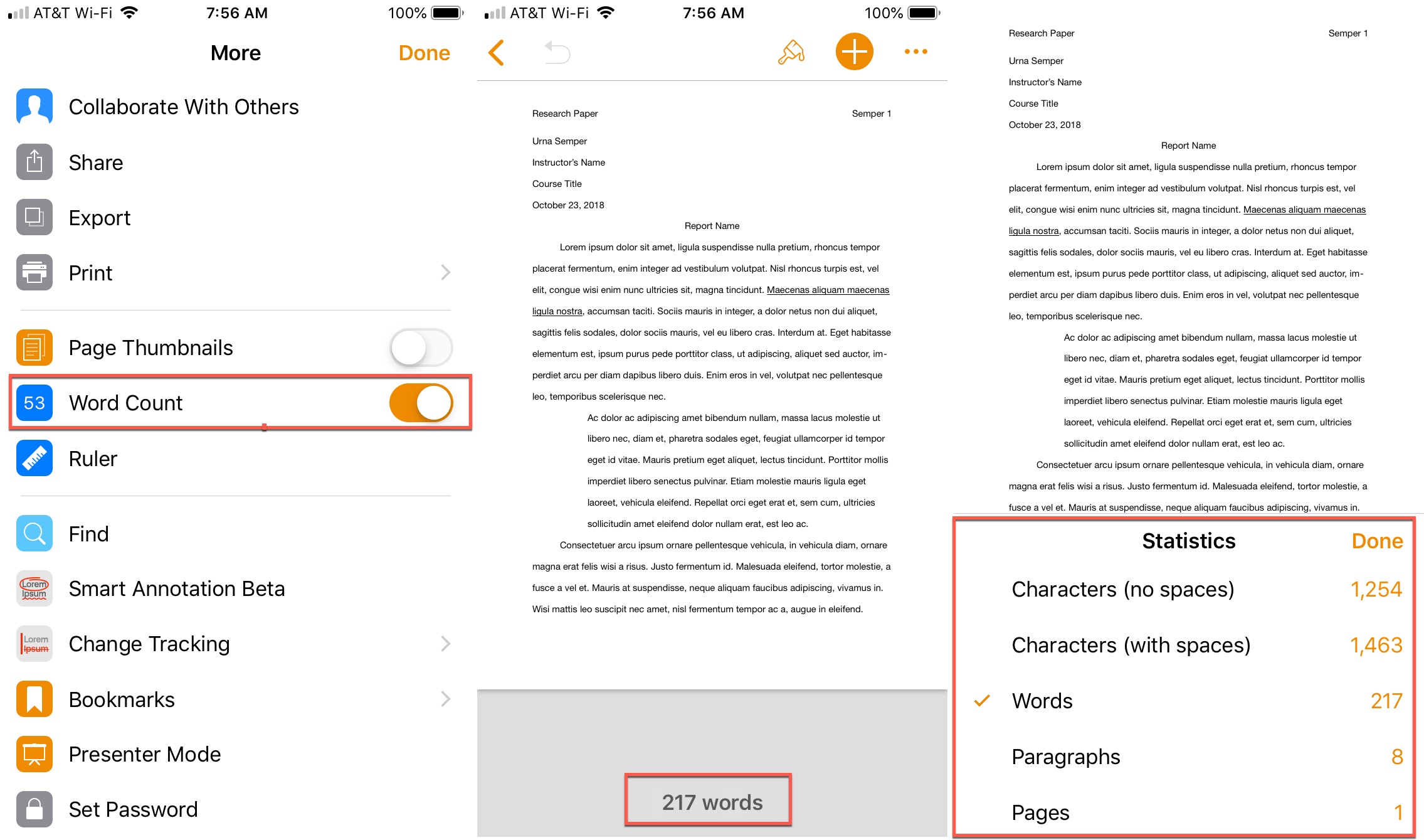 How to find Word Count in Pages on iPad