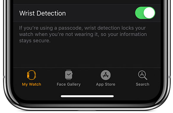 Apple Watch fall detection - the Watch app on iPhone with the Wrist Detection feature shown as toggled on