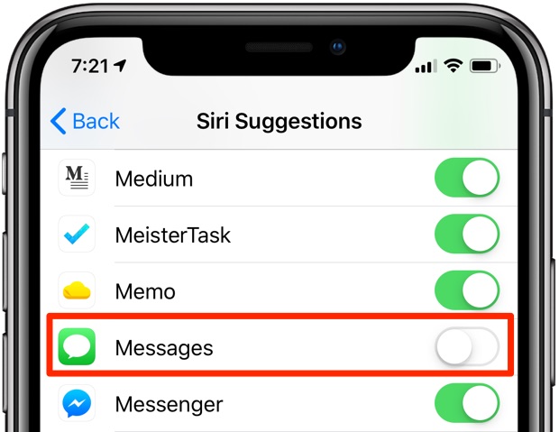 Siri Suggestions disabled for the Messages app