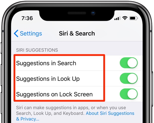 Siri suggestions settings - Suggestions in Search, Suggestions in Look Up and Suggestions on Lock Screen