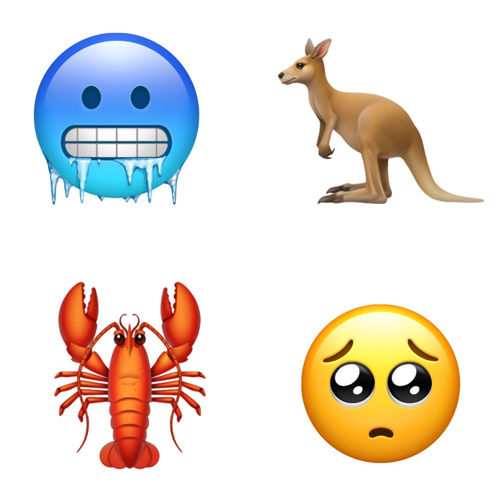 iPhone emoji kangaroo, lobster, cold face and sad face
