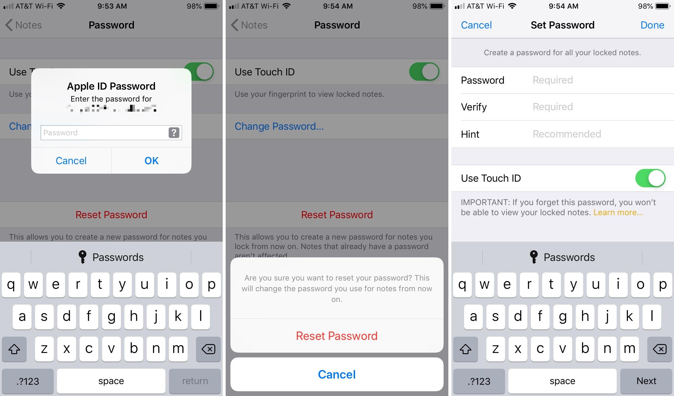 Reset Password Notes on iPhone