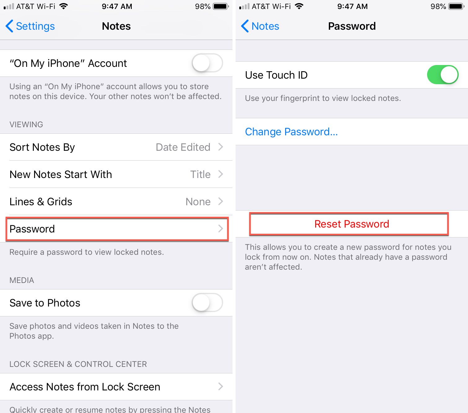 Reset Password Section Notes on iPhone