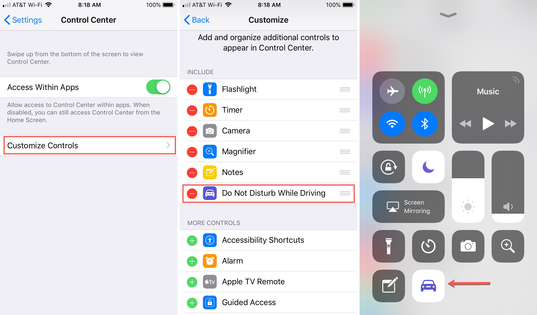 Add Do Not Disturb Driving to Control Center iPhone