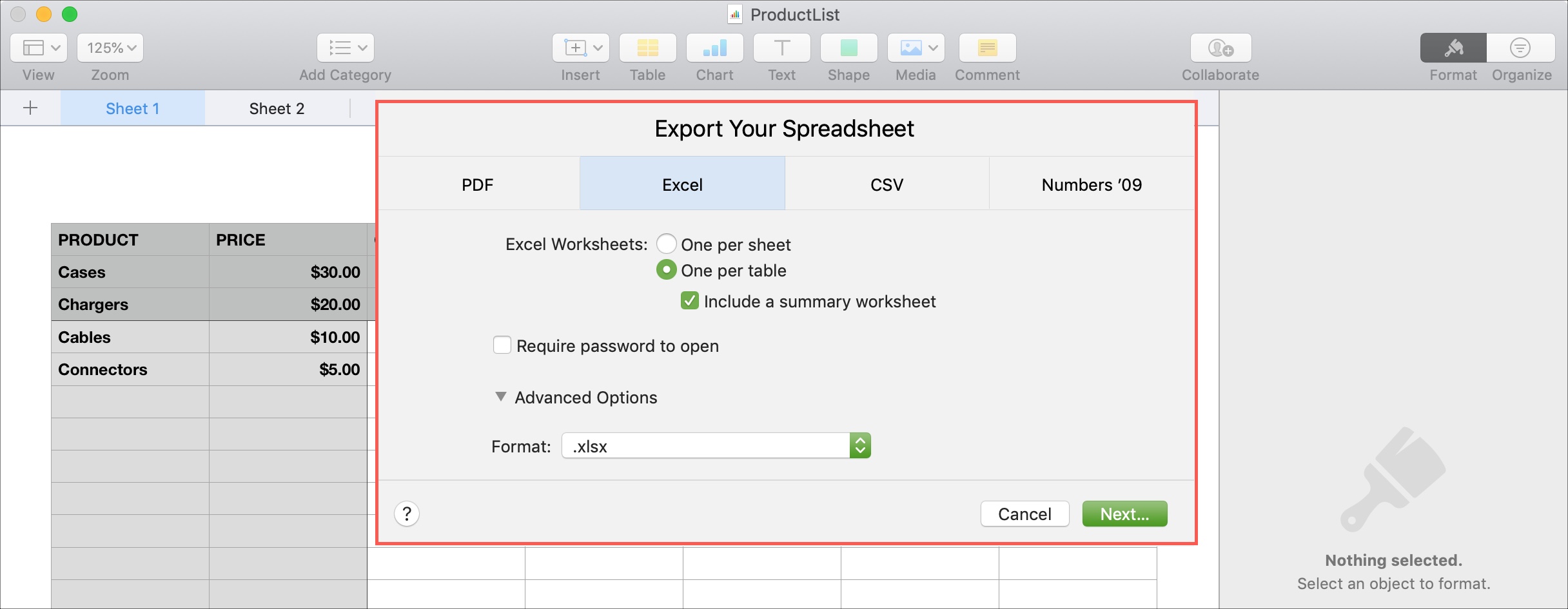 Export Numbers to Excel on Mac