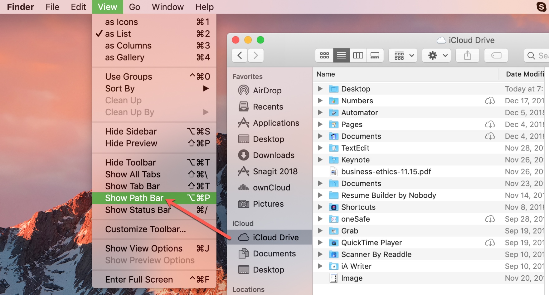Finder iCloud Drive Show Path Bar Mac