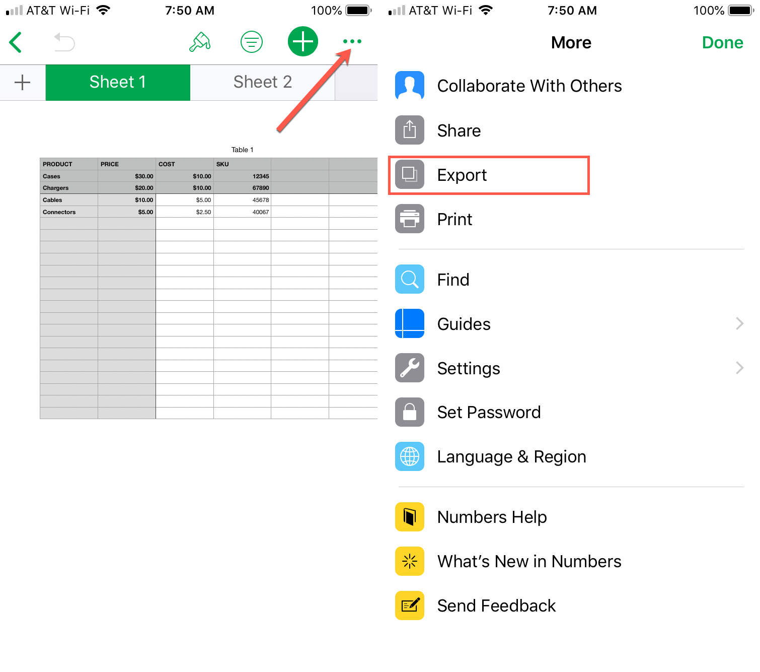 Menu to Export Numbers to Excel on iPhone