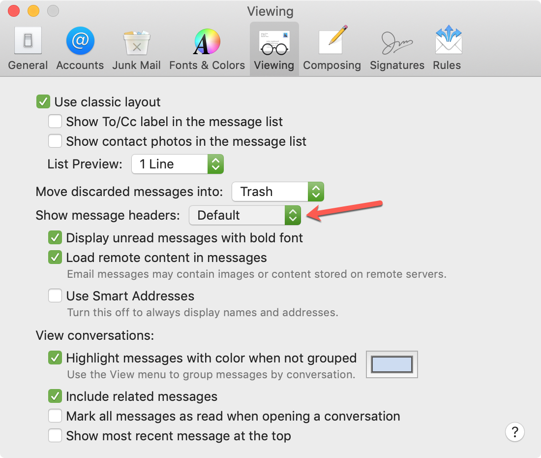 Show message headers settings Mac Mail