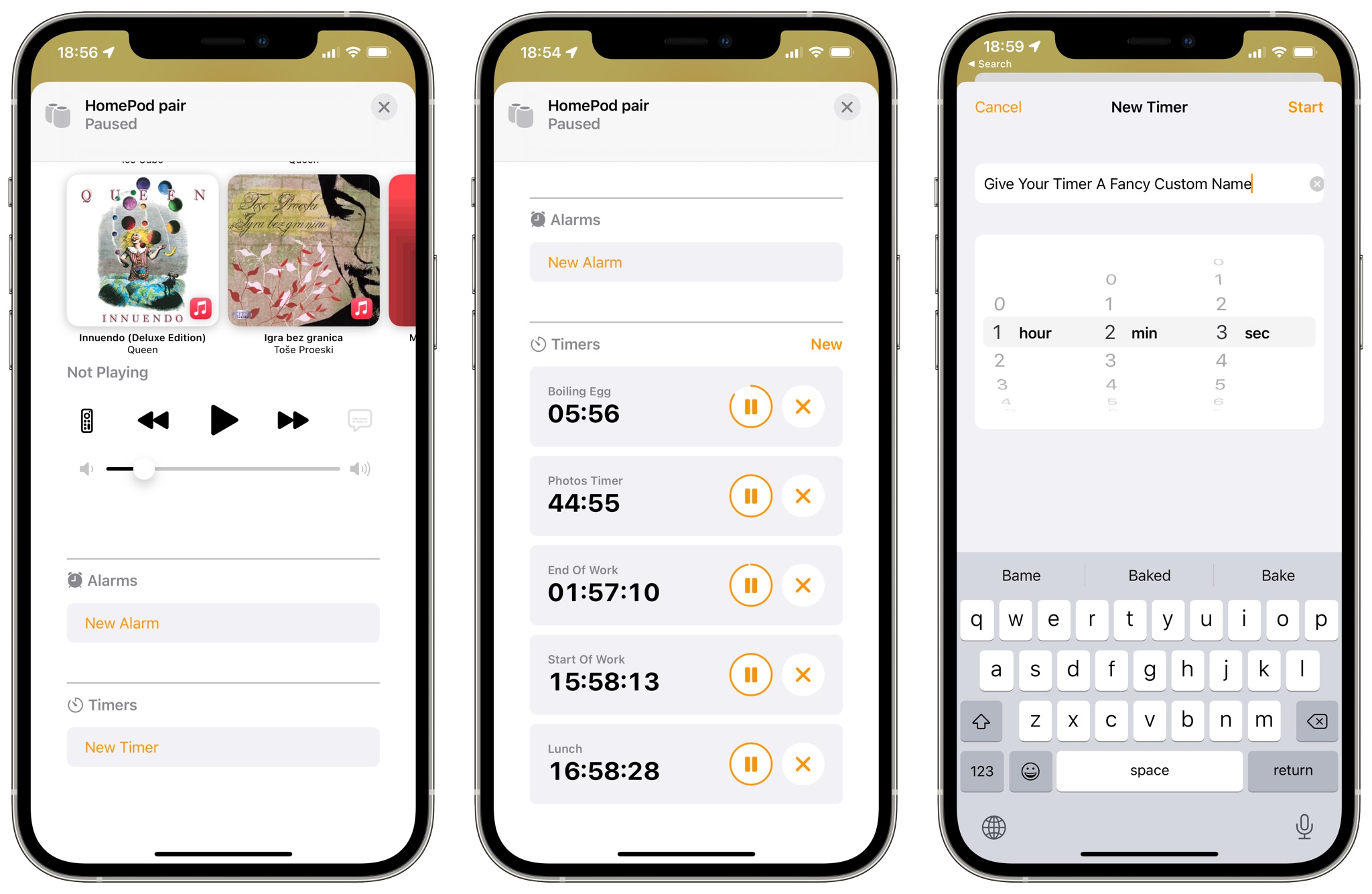 Three screenshots of the Home app on iPhone with iOS 14.7: The New Timer option (left), multiple timers (center) and naming a timer (right)