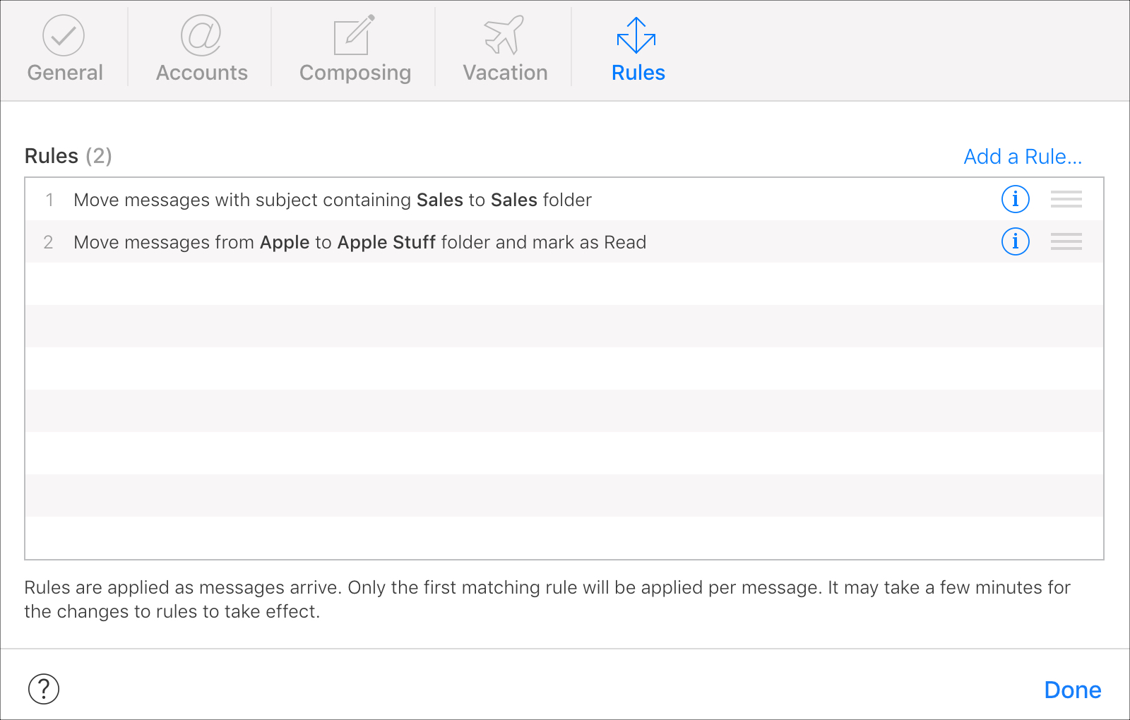 List of Rules in iCloud Mail