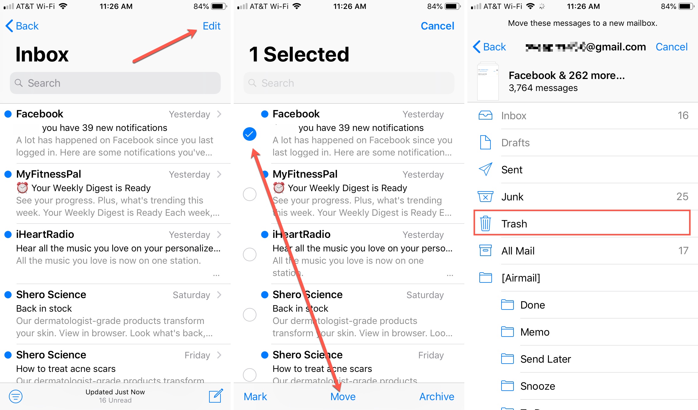 Select emails to move to trash iPhone Mail