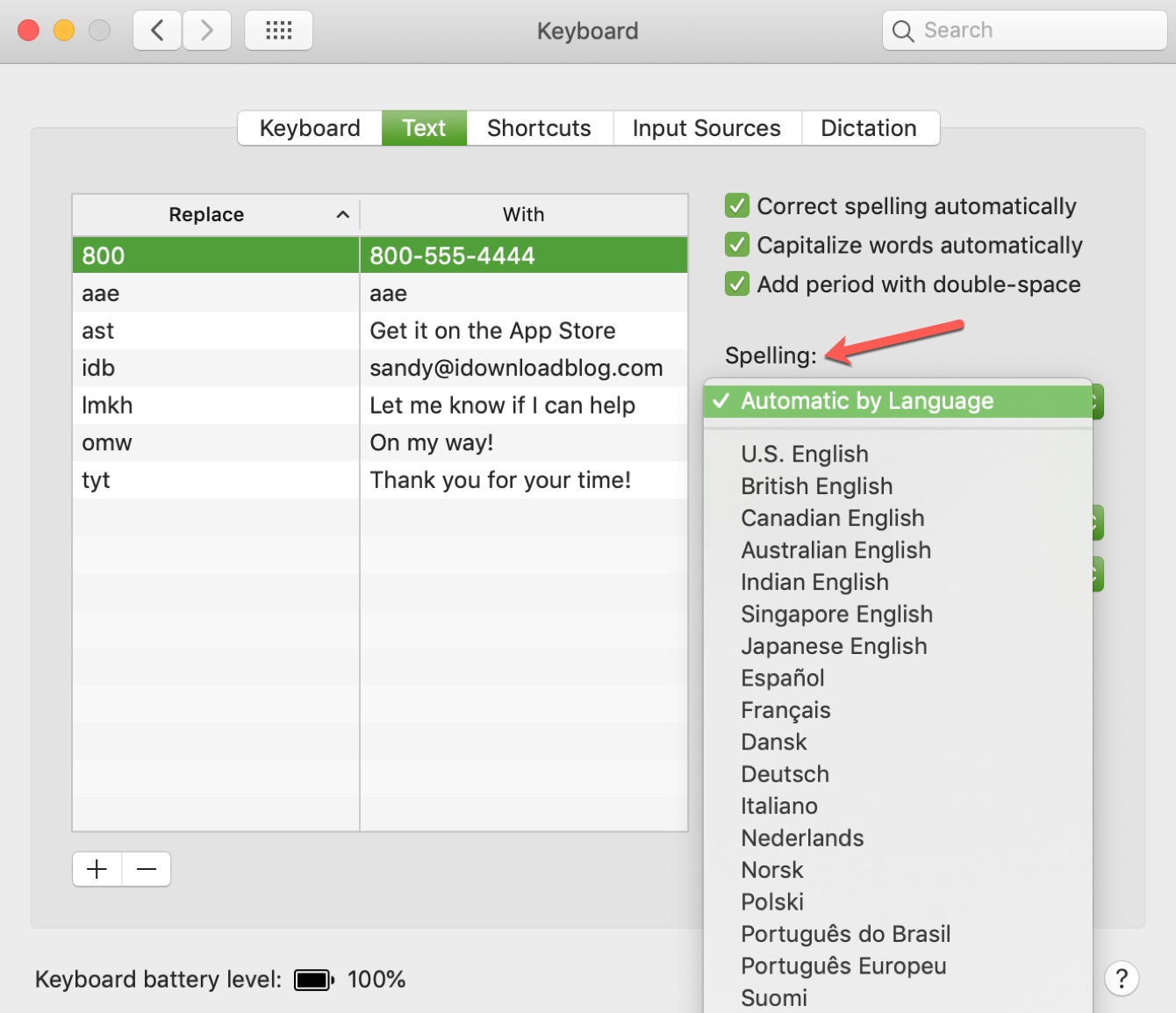 Spelling Check Language on Mac