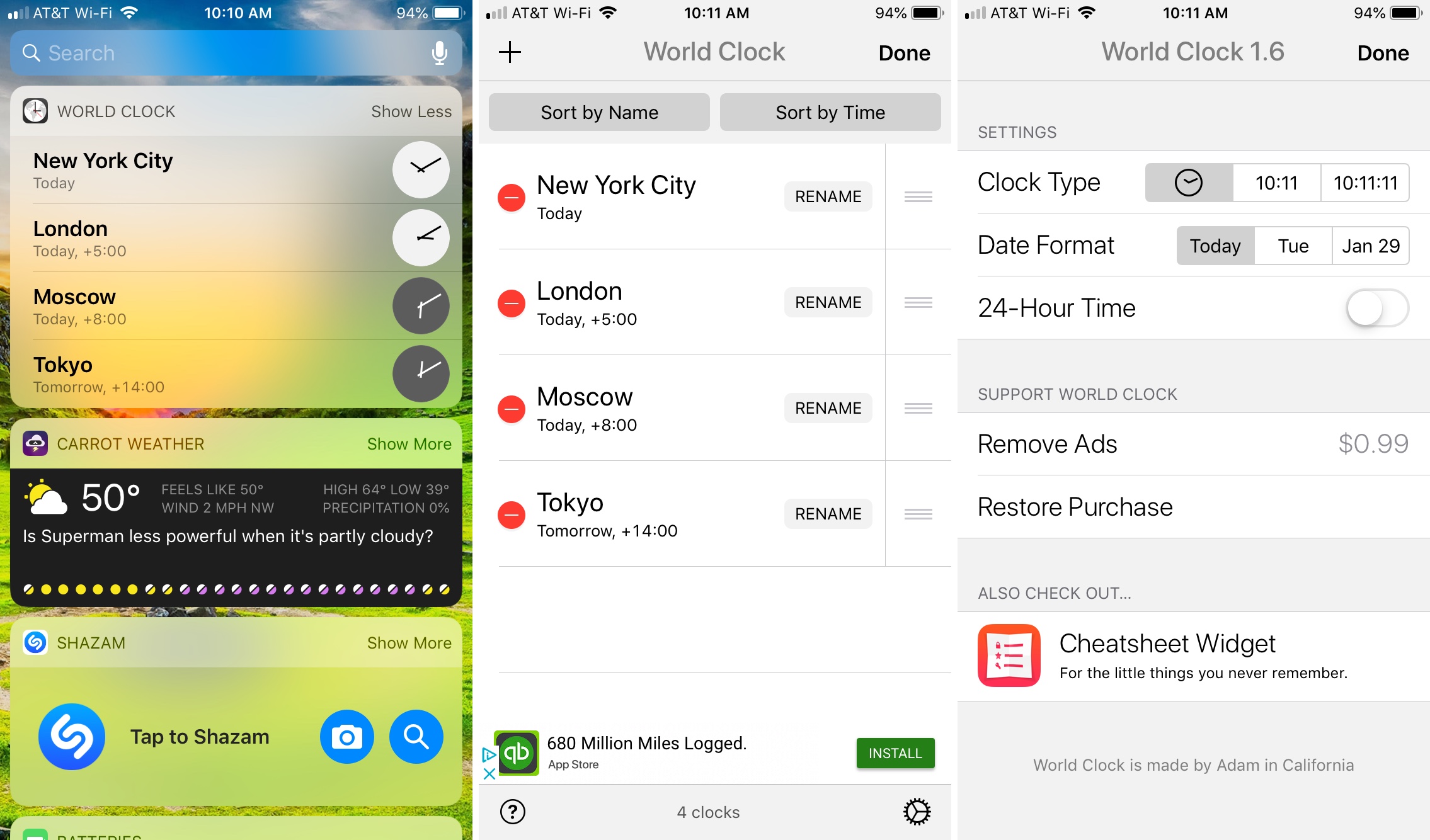 World Clock Today Widget app on iPhone