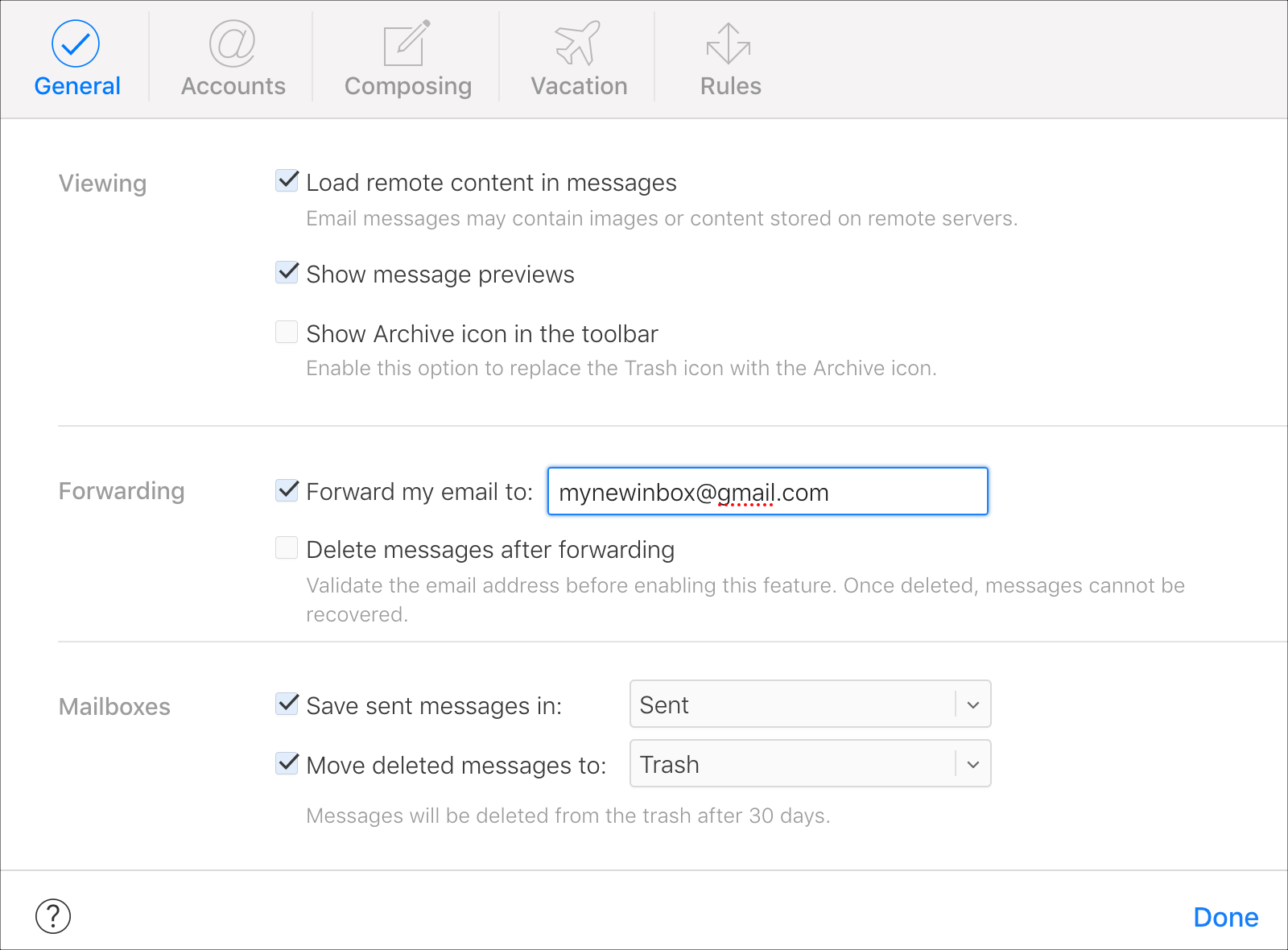 iCloud Email Forwarding Main Screen