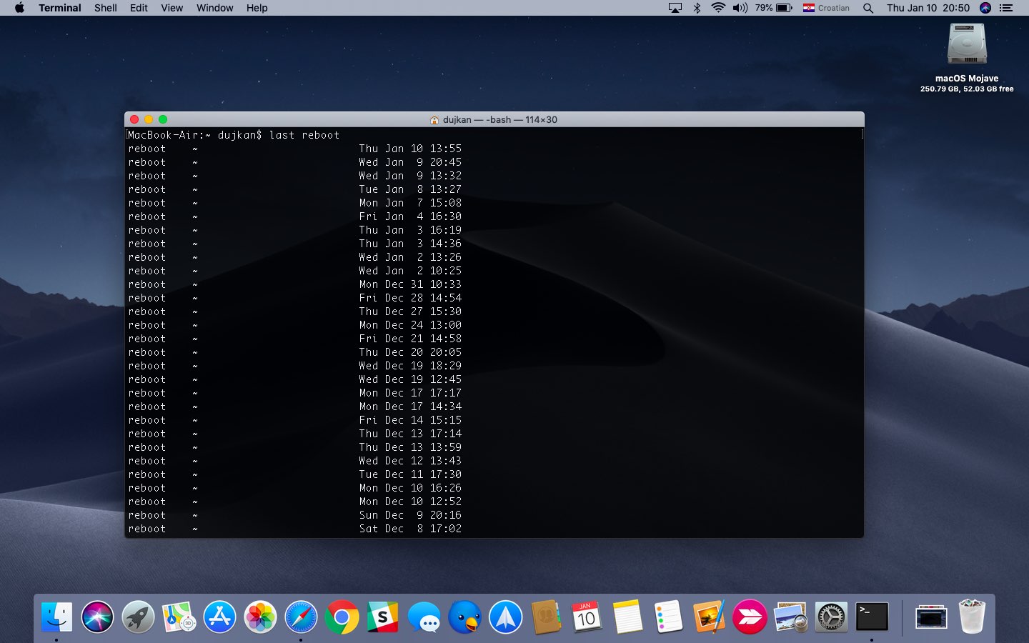 Mac Terminal showing a list of last reboot times