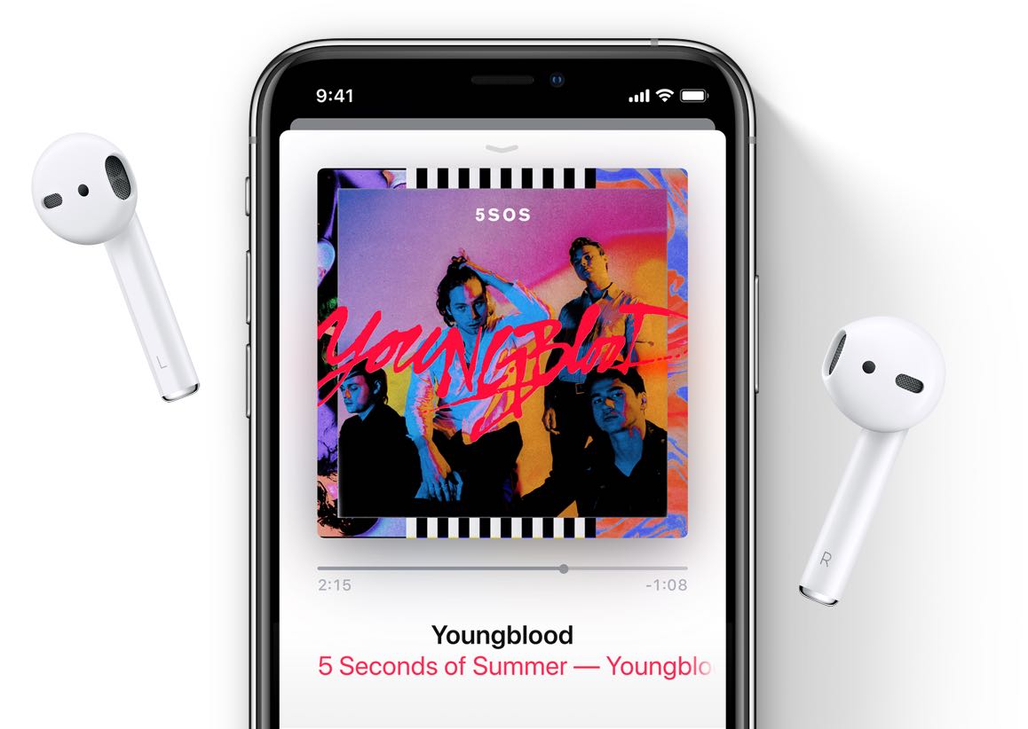 Marketing image showcasing Apple Music, iPhone 11 and AirPods