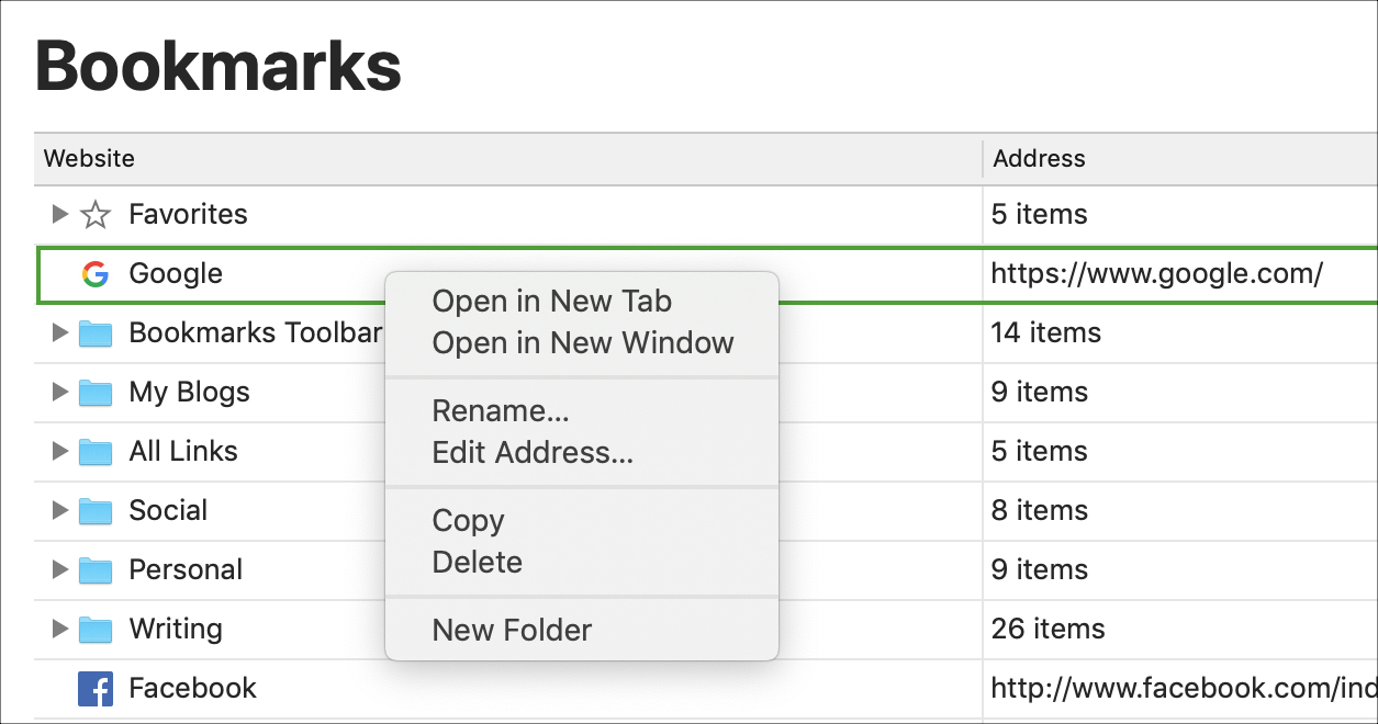 Edit Delete Safari Bookmarks on Mac