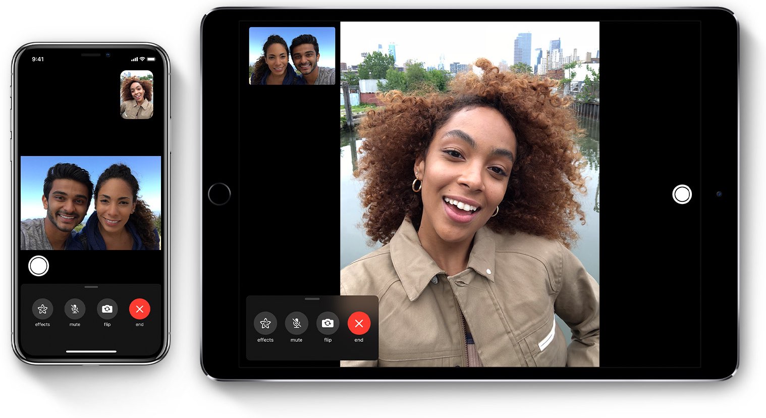 Apple's marketing image showcasing a FaceTime video call running on iPhone and iPad