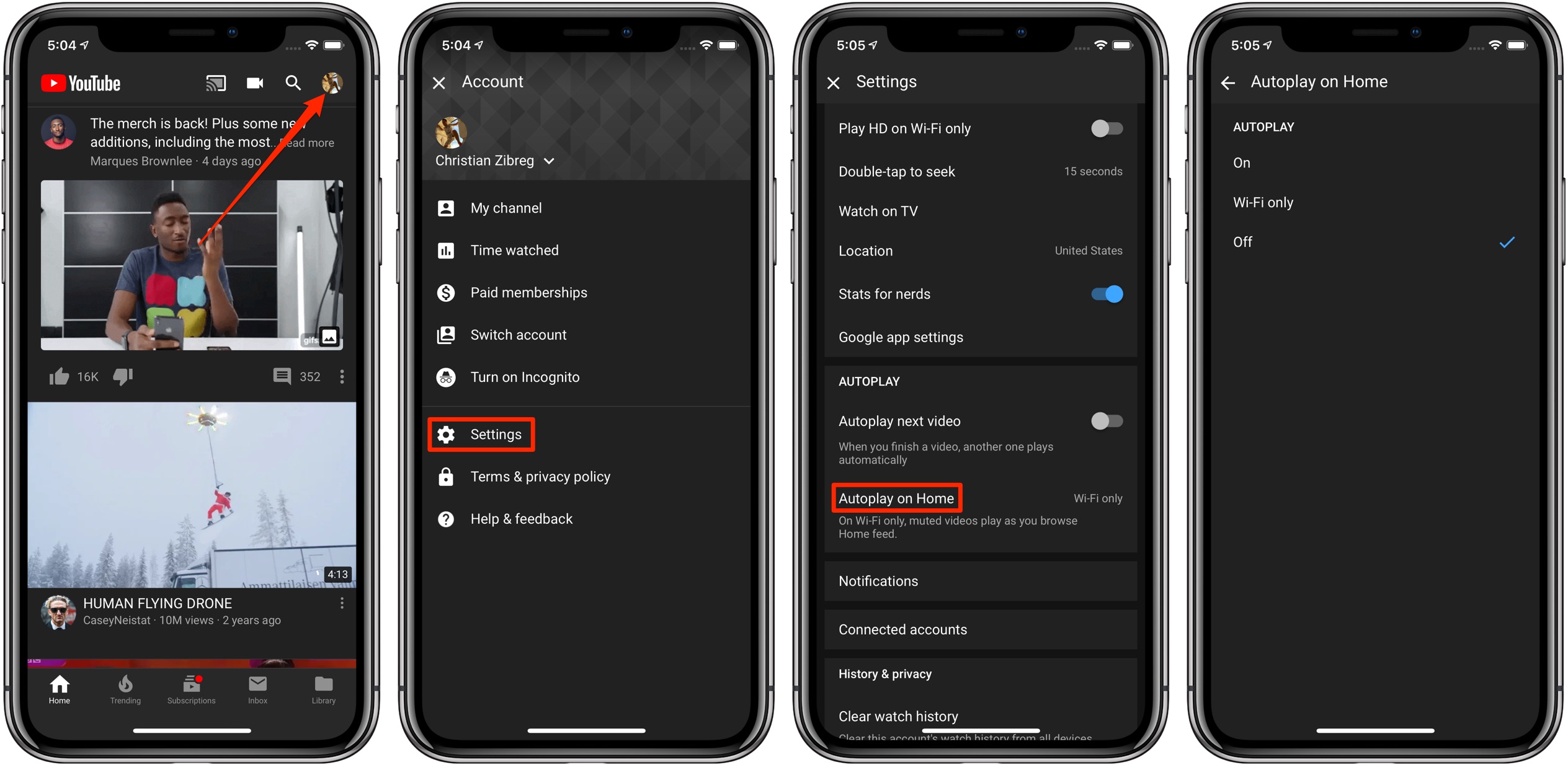 How to disable autoplaying videos in the Home tab of the YouTube app