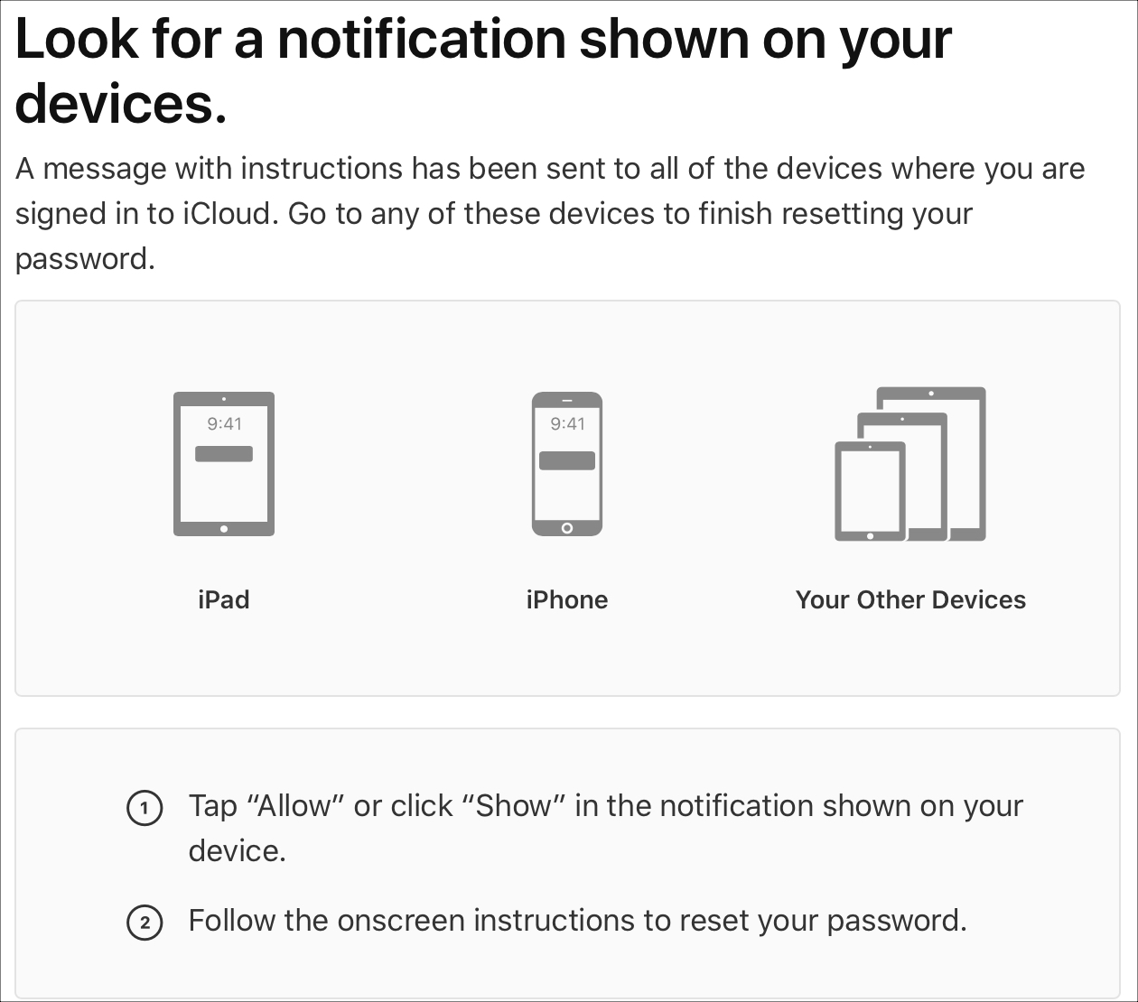 Message to Devices to Reset Apple ID Password