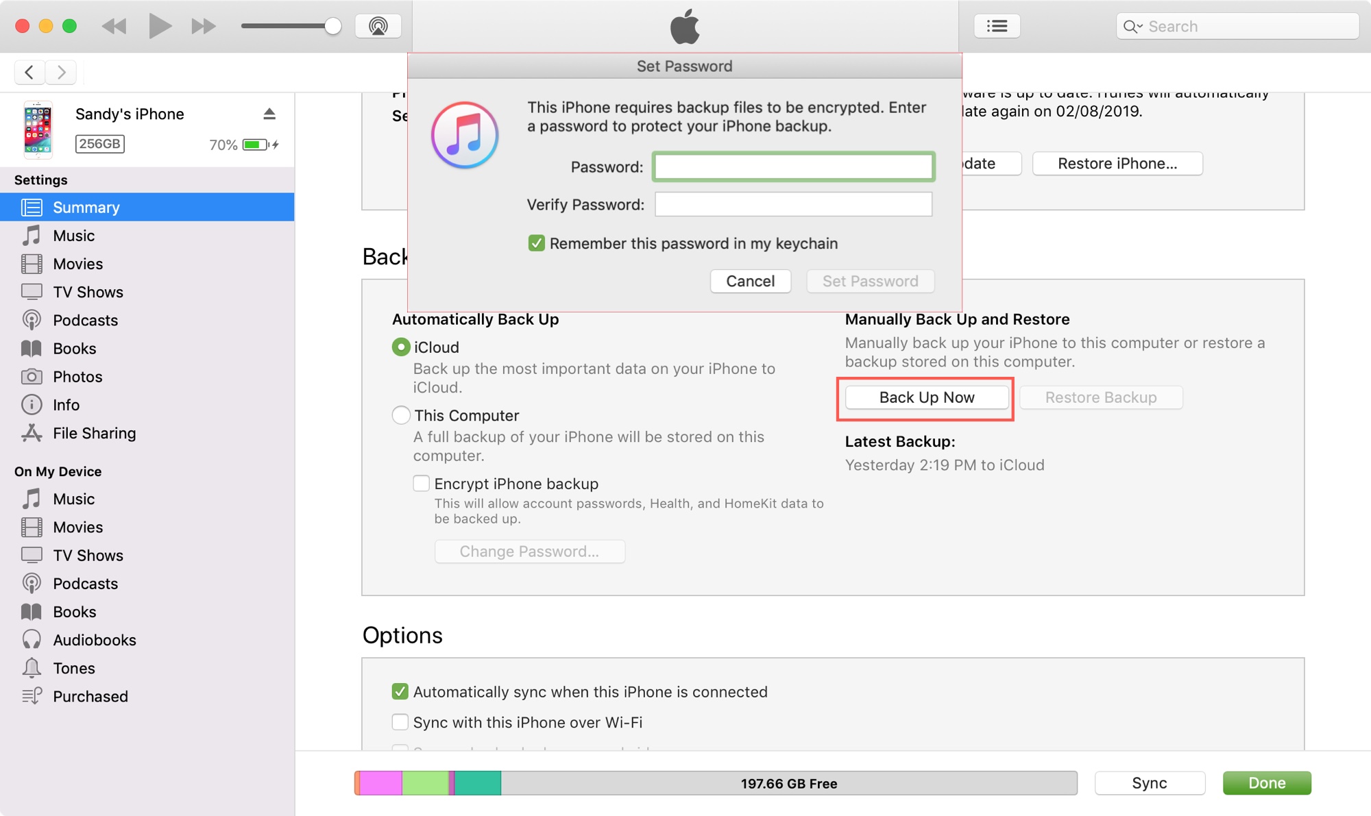 iTunes backup and set password