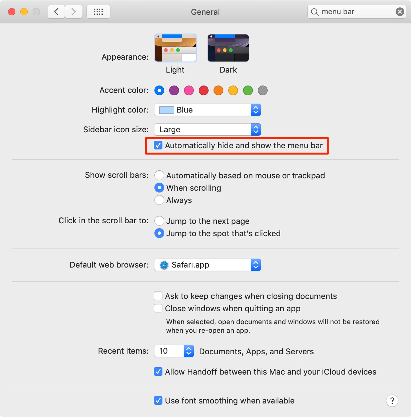 Automatically hide and show the menu bar in Mac System Preferences