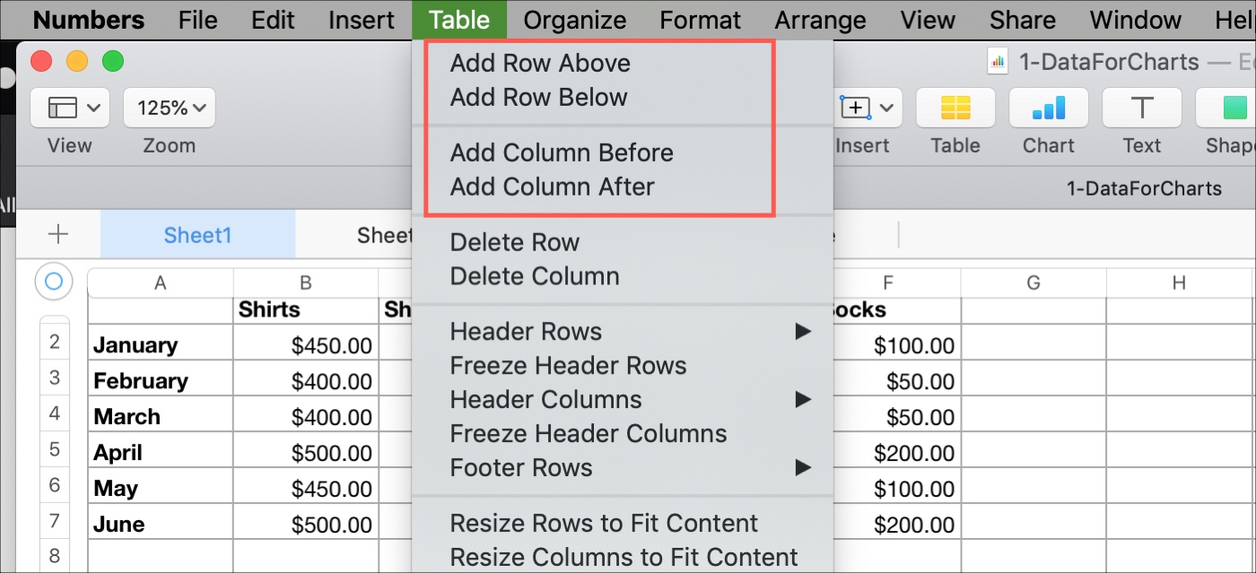 Add a Column or Row in Numbers on Mac