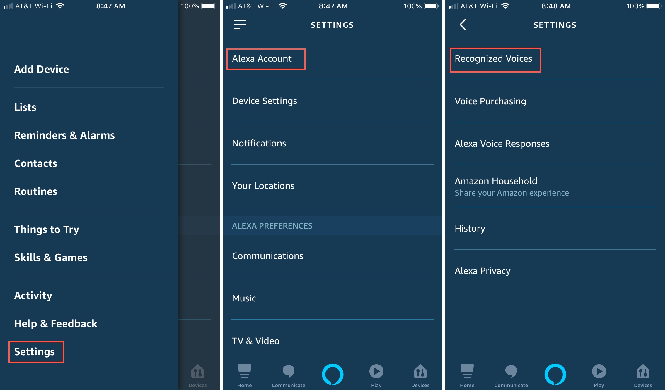 Alexa app Settings Account Recognized Voices
