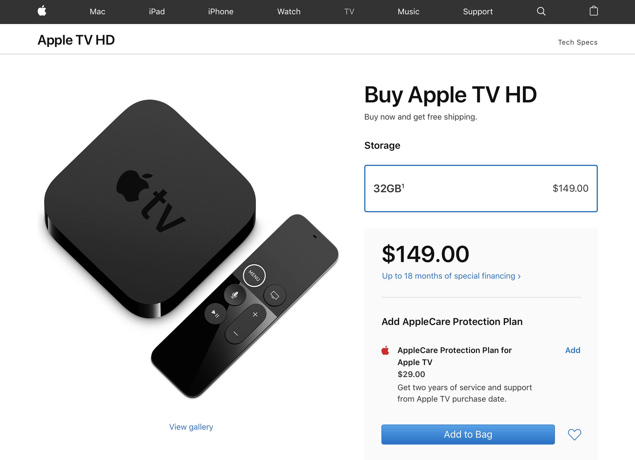 Apple store screenshot showcasing the Buy Apple TV HD page