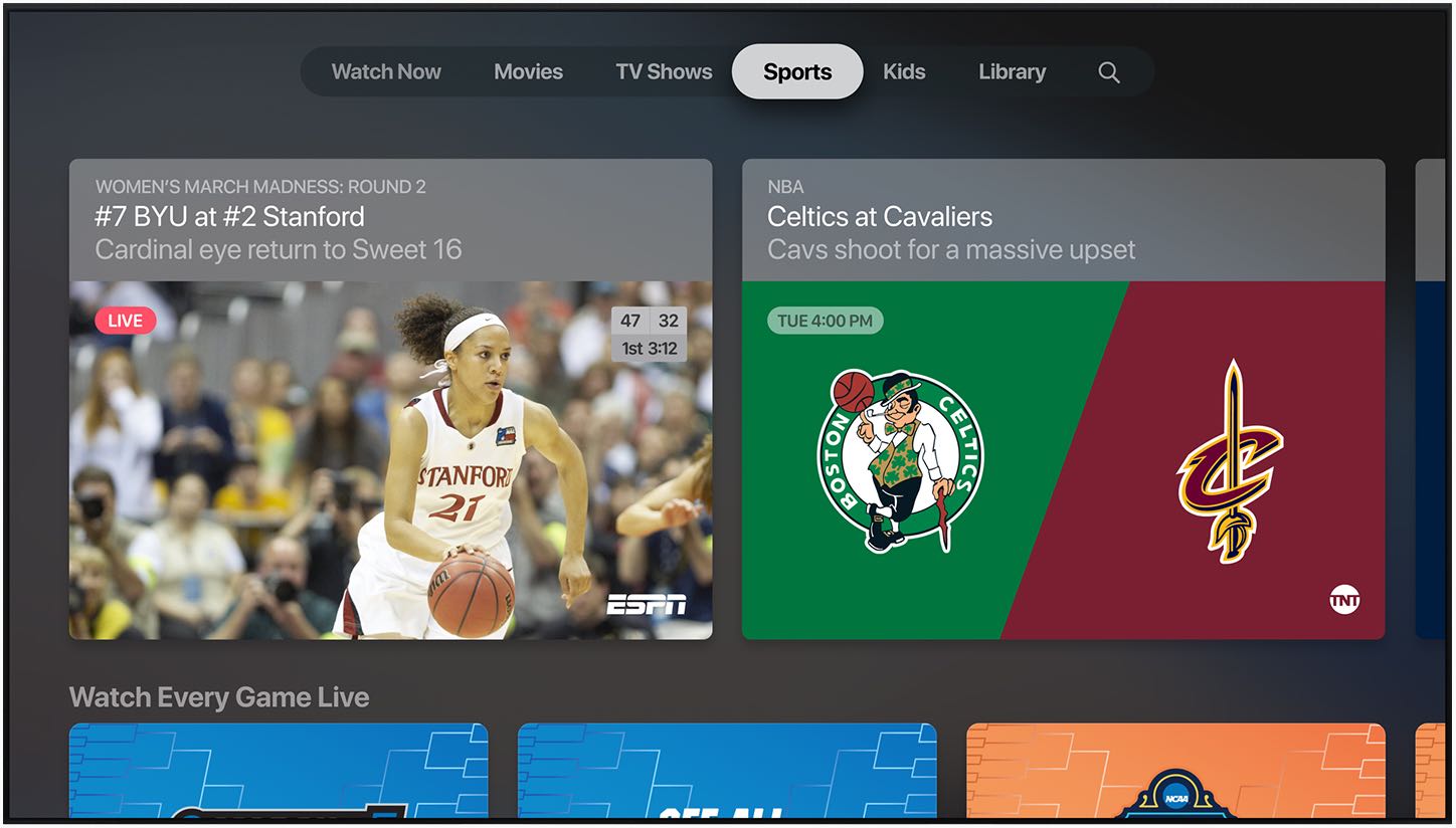 The Sports section within Apple's TV app on Apple TV