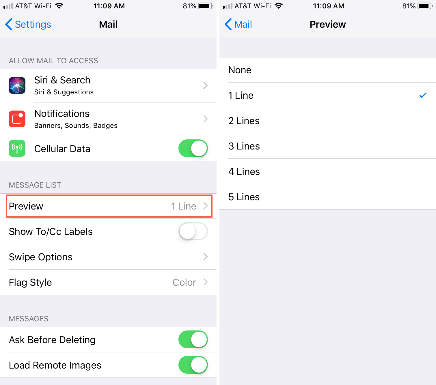 Change Mail Message List Previews on iPhone