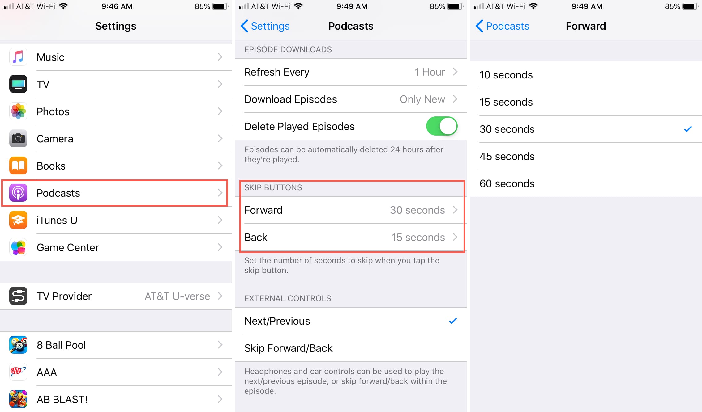 Change Skip Seconds Podcasts iPhone
