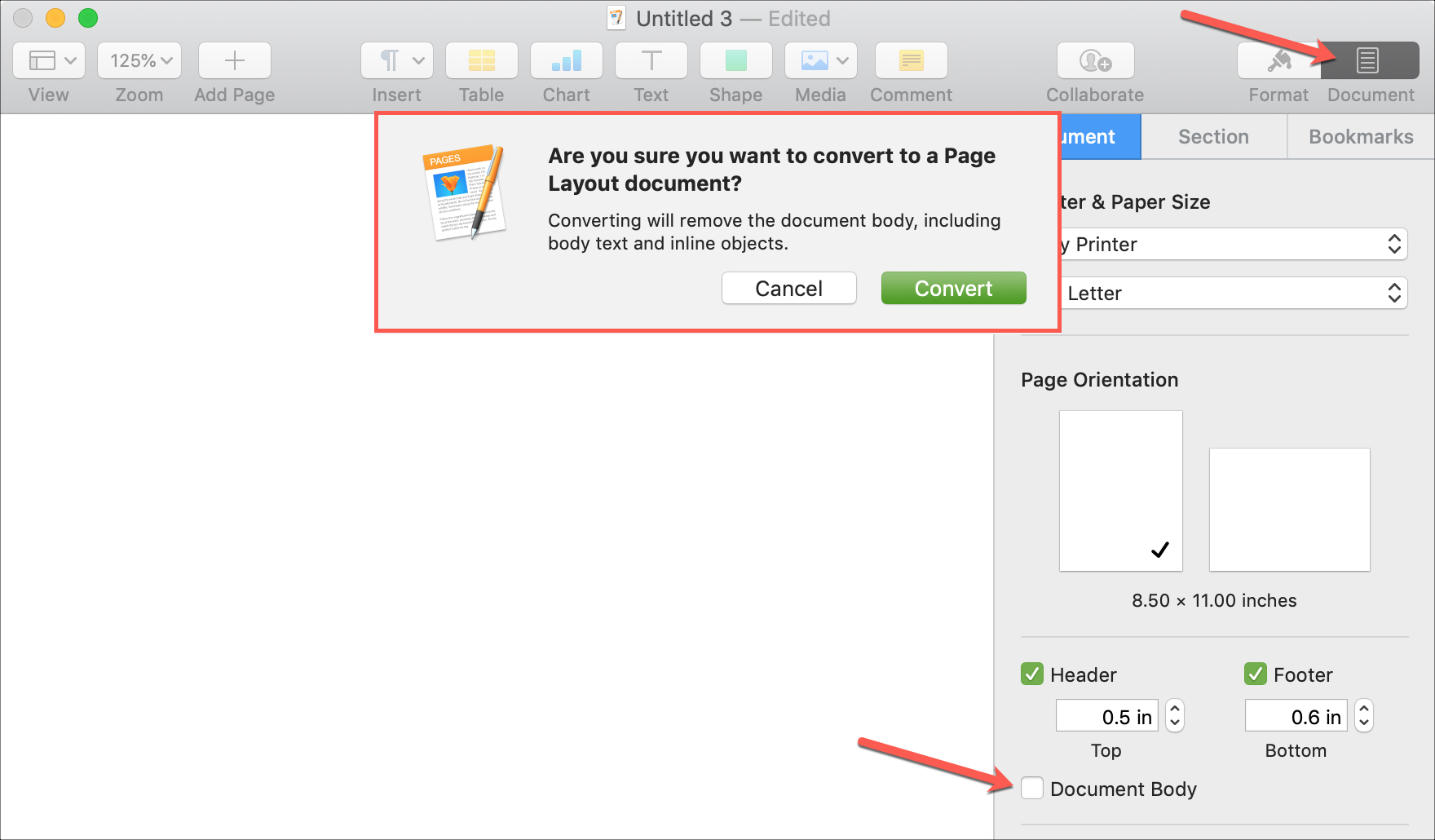 Convert to Page Layout Document Mac Pages