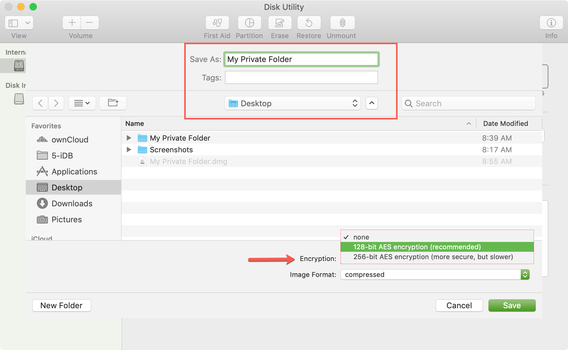 Disk Utility Choose Location and Encryption Mac